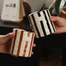 Vintage Ceramic Tea Cup - Vertical Striped Ceramic Hand-Grip Coffee Mug, Asymmetrical Shaped Ceramic Mug With Minimalist European Style, Handmade High Aesthetic Tea/Coffee Cup, Perfect For Breakfast, Afternoon Tea, Home Use, Garden, Restaurant - Ideal Gift For Friends And Family, Tea Accessories - Multicolor - View 2