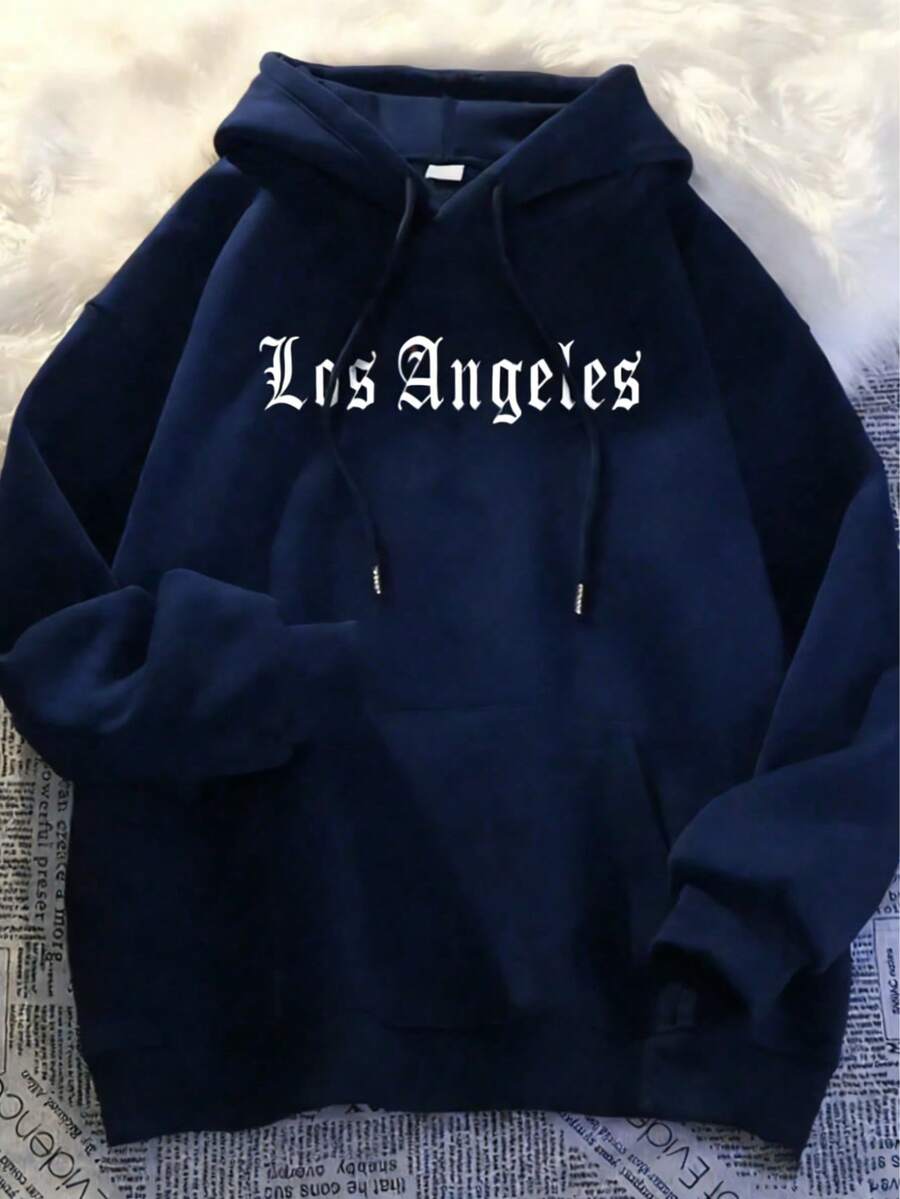 Men's Casual Hoodie - Urban Style For Going Out And Relaxing At Home. Minimalist Los Angeles Letter Hoodie For Men - Oversized Urban Fashion Sweatshirt, Black With White Letters, Loose Fit Hoodie For Everyday Wear (Slim Fit For Spring And Autumn, Choose One Size Larger.) - 藍色 - 查看 1