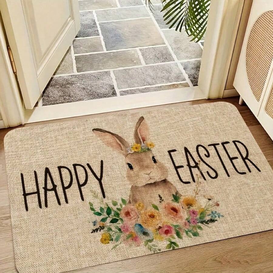 1 pièce Paillasson d'accueil de printemps/été Lapin de Pâques et œufs - Tapis de bain en coton 2D imprimé antidérapant doux avec un design de lapin coloré, convient pour la salle de bain, la cuisine, le salon - Tapis lavable - Idéal pour une maison de plage ou une décoration d'intérieur moderne - Tapis en coton tricoté carré avec une texture douce, assurant la et le confort - Convient pour diverses occasions et décorations d'intérieur