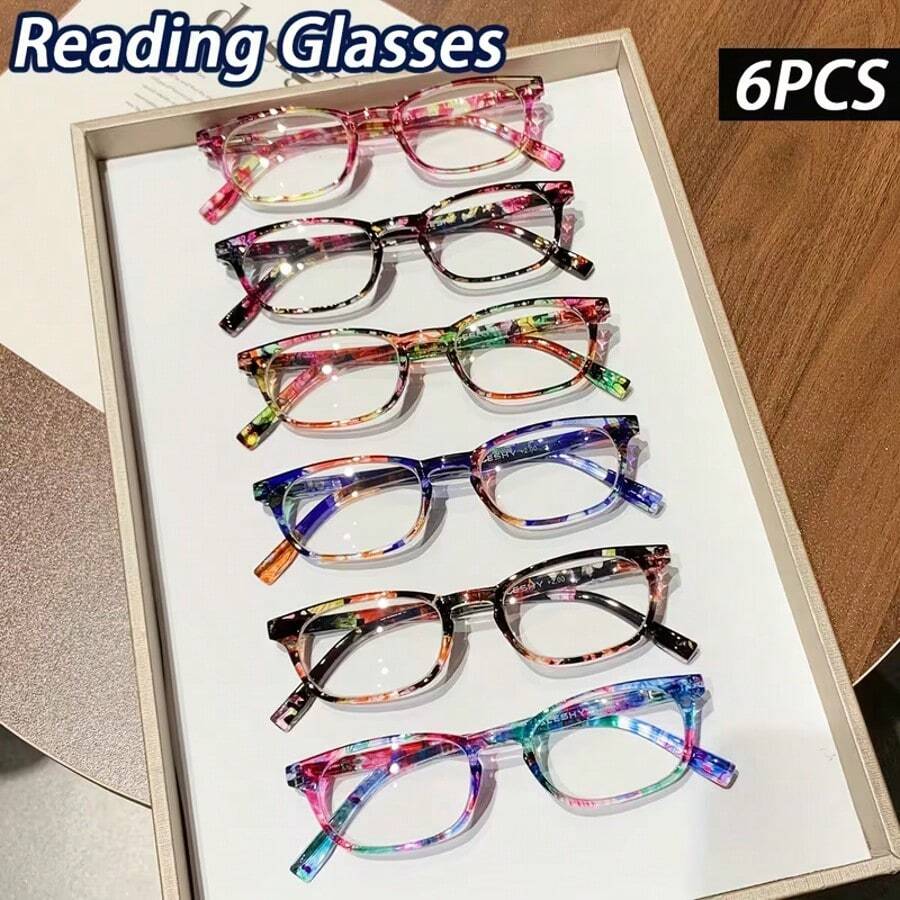 6 Pairs Women's Fashion Floral Print Reading Glasses,Rectangle Frame Readers Lightweight Comfortable Eyeglasses Whether Reading Newspapers, Using A Mobile Phone, Or Reading Books And Documents, The Display Is Clear And Comfortable, And It's Easy To Wear. It's A Thoughtful And Practical Gift For Elders, And Also Very Suitable For Personal Use. - Nhiều màu - Xem 1