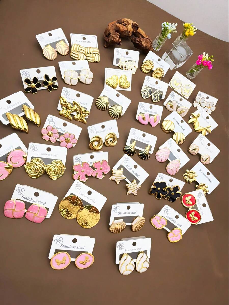 32 Pieces - Stainless Steel Earrings, Asymmetric Multi-Element Earring Set, Non-Fading Earrings, Elegant Style, Suitable For Daily Women's Wear And As Gifts. (Random Shipment) - Multicolor - View 1