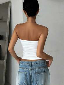 Parte superior tubo básica de unicolor y sexy sin tirantes para mujer, bustier ajustado elástico de unicolor y a la moda, blusas de verano, atuendos de verano para mujer en color blanco - Blanco - Ver 2