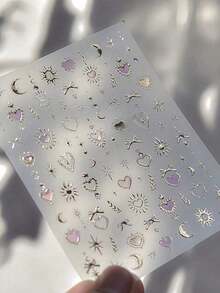 1pc Gold Totem Pink Heart Nail Art Stickers, Holographic Nail Decals, Nail Art Design, Rhinestones, 5D Self-Adhesive, Nail Accessories Women, Aesthetic Nail Art - 彩色 - 查看 5