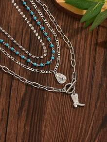 4件套西部牛仔风格项链套装，手工银链搭配金属帽子和靴子吊坠，时尚饰品，适合日常佩戴、旅行、摄影——纯手工制作，链长和珠子数量随机。 - 銀色 - 查看 2