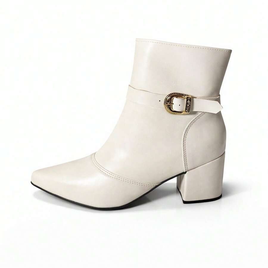 Women's Ankle Boot With Pointed Toe, Chunky Heel, Removable Buckle, Elegant – Chic Pink - Rượu sâm banh - Xem 1