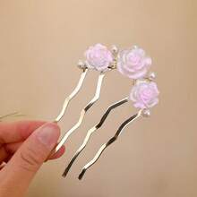 Chinese Style Faux Pearl 4-Prong Hair Comb, Elegant Hair Accessory - Rose Red - View 3