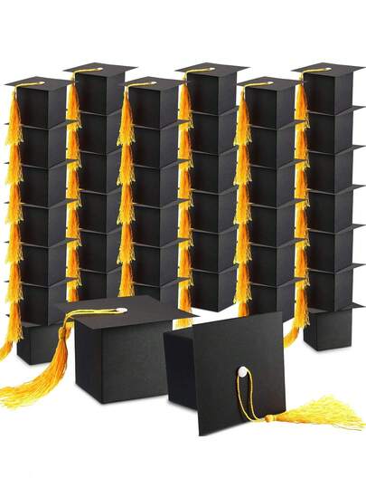 Hộp quà hình mũ tốt nghiệp có tua rua vàng (50/10 chiếc/1 chiếc) - Hộp giấy đen hình mũ cử nhân, dùng để trang trí chúc mừng tốt nghiệp, quà tặng tiệc tốt nghiệp.