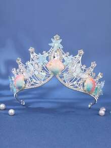 1pc Rhinestone Embellished Luxury Scallop Shell Crown Alloy Headpiece, Party Accessory - Multicolor - View 3