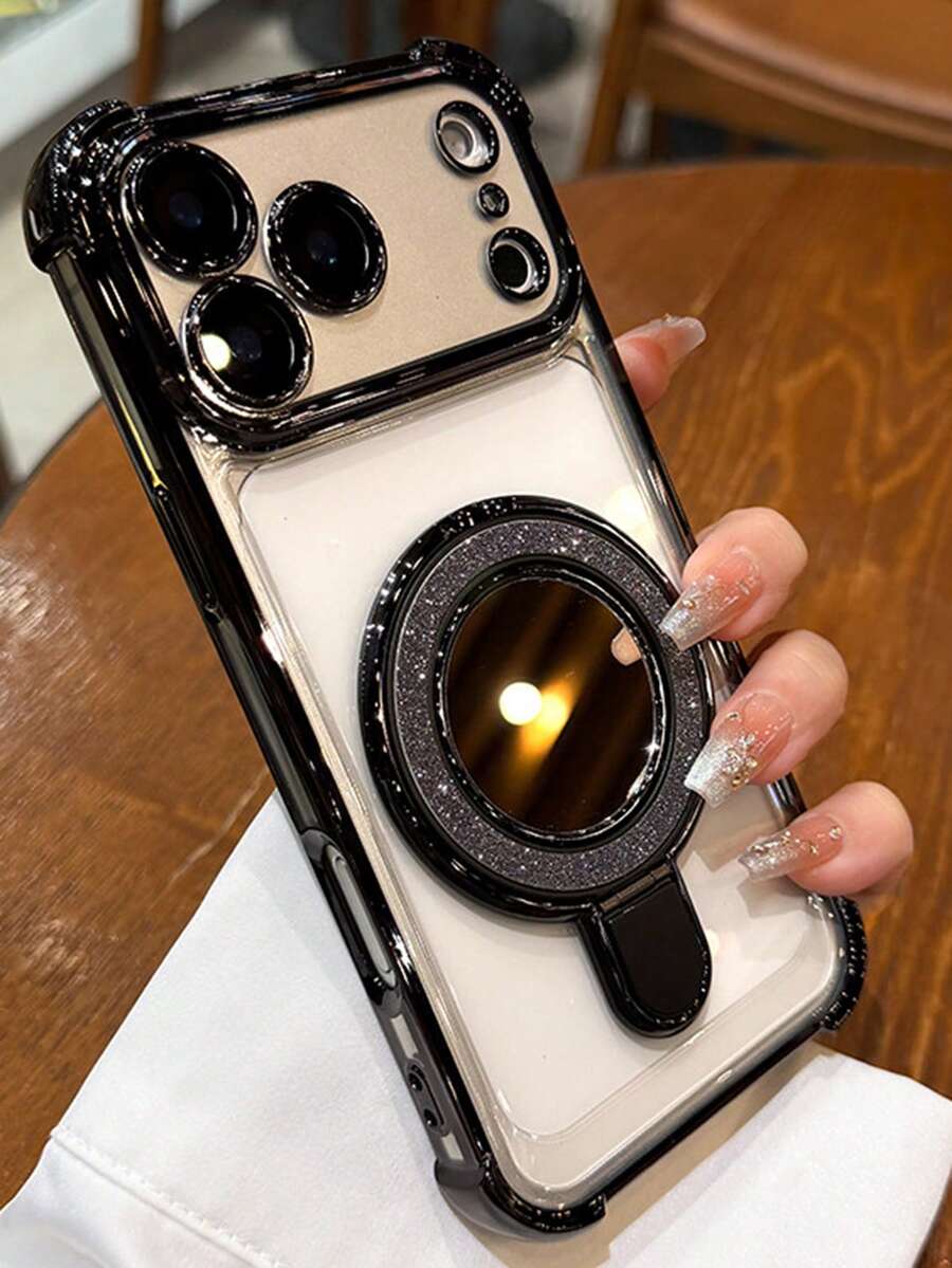 Casing Ponsel Mewah Berlapis Glitter Bening dengan Braket, Kompatibel dengan iPhone 17 Pro Max 17 Pro 17 16 Pro Max 16 Pro 16 15 Pro Max 15 Pro Max 15 Pro 15 Pro Max 14 Pro 13 Pro Max 12 Pro Max 11. Pelindung Kamera Bergaya, Penutup Belakang Transparan Berlapis Elektroplating.