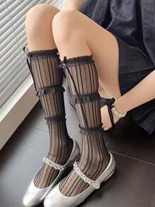 1双洛丽塔风格芭蕾舞缎带蝴蝶结装饰三层蕾丝边小腿袜，女士款，Y2k风格，舒适 - 彩色 - 查看 4