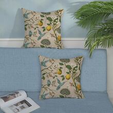 2 Peças Conjunto de Fronha e Caminho de Mesa em Estilo Chinês Azul e Verde, 2 Peças Capas Decorativas de Almofada Floral Vintage, Fronha Floral Boêmia Sazonal para Uso Externo, Capas de Almofada de Sofá de Linho - Multicolorido - Visão 8