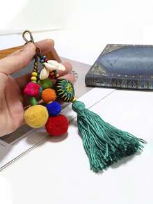 1PC Bohemian Style Hand Woven Rainbow Fringe Keychain Pendant, Wooden Carved Coconut Shell Five Pointed Star Turtle Keychain, Suitable For Party Gifts - Multicolor - View 7