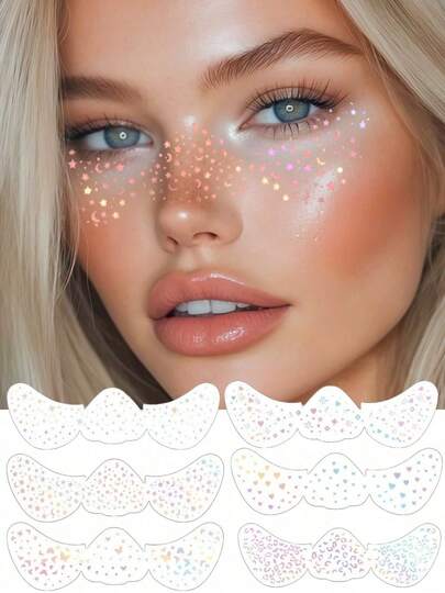 6 hojas de tatuajes temporales de pecas brillantes con estrellas, luna, mariposas, corazones y arcoíris, tatuajes holográficos brillantes y a prueba de agua para maquillaje de orgullo, festivales de música, fiestas y bailes de graduación