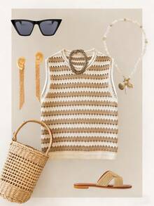 Áo khoác cardigan dệt kim không tay, hơi mỏng, thoải mái, phối sọc tương phản màu mơ, dành cho nữ mùa thu/đông, có dây rút, thích hợp mặc ở nhà, đi biển và đi nghỉ mát mùa hè. - Màu be - Xem 1