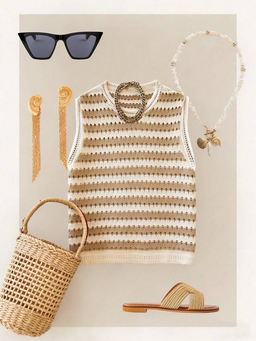 Áo khoác cardigan dệt kim không tay, hơi mỏng, thoải mái, phối sọc tương phản màu mơ, dành cho nữ mùa thu/đông, có dây rút, thích hợp mặc ở nhà, đi biển và đi nghỉ mát mùa hè. - Màu be - Xem 1
