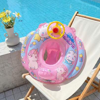 1pc Cute Pink Rabbit Inflatable Swimming Ring, Thickened Anti-Flip Anti-Slip Life Buoy, Summer Swimming Aid With Steering Wheel & Horn Design For Kids Safety