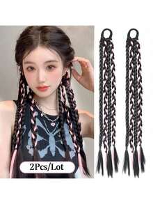 2pcs Fashionable Colorblock Elastic Braided Hair Bands, Ponytail Hair Extensions, Rainbow Color Hair Ties, Boxer Braid Synthetic Hair Extensions, Ombre Hair Scrunchies, Suitable For Women, Girls And Kids For Daily And Party Decor, Length 45cm - Multicolor - View 16
