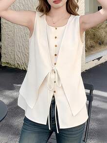 Elegant Women's Spring/Summer New Stylish Front Button Sleeveless Vest, Casual Versatile 2 In 1 Shirt Blouse, Suitable For Daily Street, Vacation, Home, Office, Date And Other Occasions - Apricot - View 5