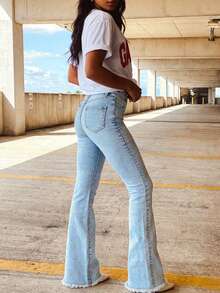 Women's High Waist Elastic Denim Flare Pants, Light Color Distressed Hem, Casual Street Style For Summer Spring - Light Blue - View 7