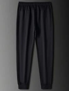 Plus Size Men's Spring/Summer Loose Long Pants, Solid Color Minimalist Thin Elastic Casual Pants, Tapered Fit Flattering Slimming Black - Black - View 4