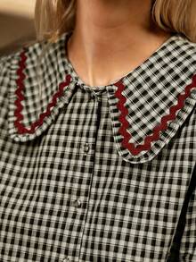 Camisa de manga larga con botones, cuello y ribete de contraste a cuadros, para primavera - Cuadros blancos y negros - Ver 3