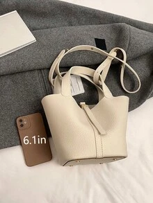 New Spring Style, White Litchi Texture Fabric, Women's Bucket Handbag. High-End Minimalist Fashion With Detachable Strap, Suitable For Urban Commuting, Adjustable Shoulder Strap, Perfect For College Students. Lightweight, Practical And Spacious, Multi-Purpose Opening Design. Made Of Durable Waterproof PU Material, Ideal As A Gift, Shopping, Dating, Commuting, Photography And Holiday Women's Shoulder Bag. - White - View 7