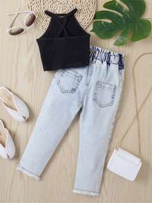 Traje de pantalón para niña, informal, tejido de calle, chaleco de verano, pantalones vaqueros largos con bolsillos - Negro - Ver 2