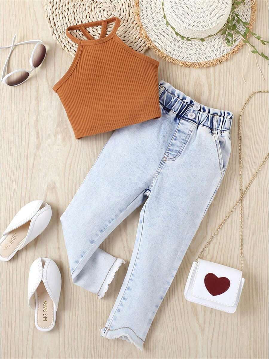 Traje de pantalón para niña, informal, tejido de calle, chaleco de verano, pantalones vaqueros largos con bolsillos - Naranja - Ver 1