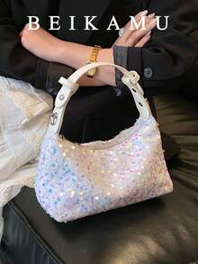 New Iridescent Sequin Dumpling Bag, Sweet & Cool Handheld/Underarm Bag, Versatile Crossbody Bag For Dating & Casual Wear - White - View 1