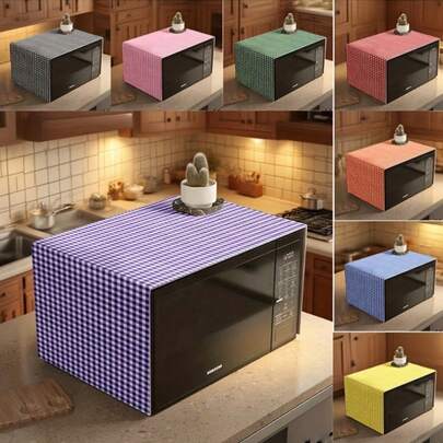 1pc Minimalist Multi-Color Checkered Pattern Printed Microwave Oven Dust Cover, Washable And Dust-Proof Protective Cover, Decorative Appliance Cover For Standard-Sized Microwaves, Easy To Access And Clean