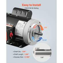 0.5 HP Electric Motor, 1725RPM Air Compressor Motor, CW/CCW Rotation, 5/8 Inch Shaft Diameter, 1.88inch Shaft Length, 2.07N.M Torque, Single-Phase, TEFC Cooling, 115V/230V, 56 Frame - 0.5HP 1725RPM Single Phase - View 4