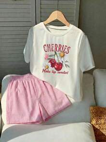 Camiseta con estampado de margaritas blancas + shorts a rayas rosas, conjunto de dos piezas, ropa holgada y cómoda. - Camiseta blanca + pantalón corto rosa - Ver 1