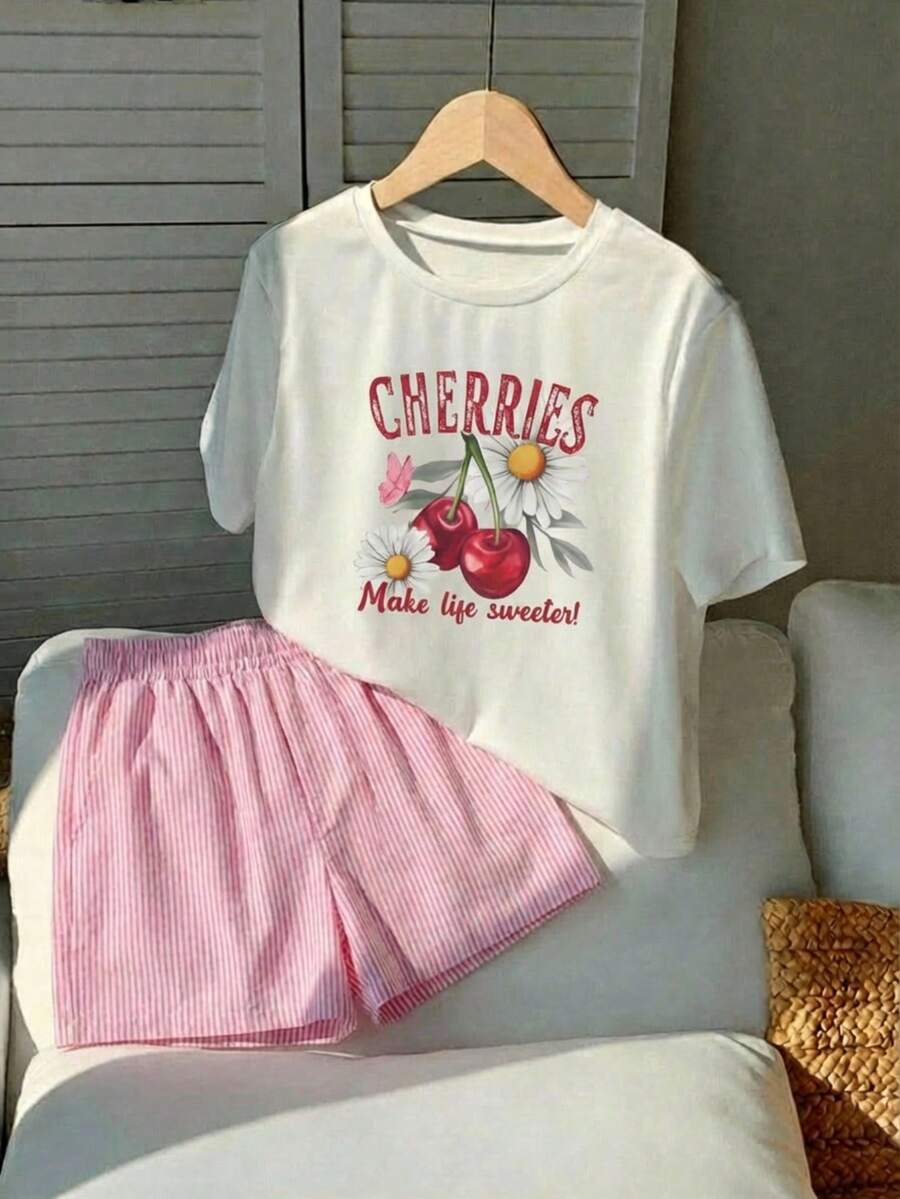 Camiseta con estampado de margaritas blancas + shorts a rayas rosas, conjunto de dos piezas, ropa holgada y cómoda. - Camiseta blanca + pantalón corto rosa - Ver 1