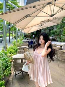 性感露背V领串珠细肩带网纱吊带背心，度假风 - 裸粉色 - 查看 3