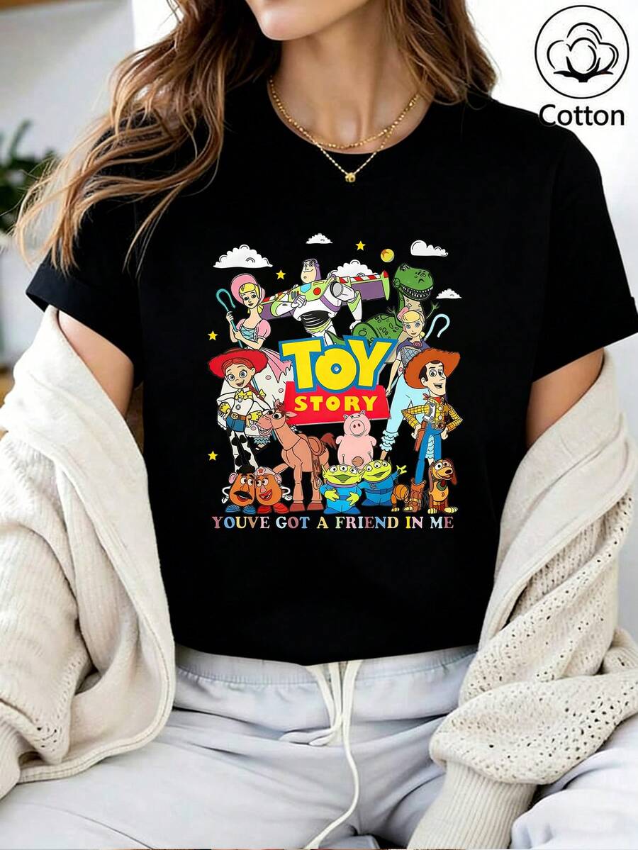 Loose Toy Story Disney Woody, Suitable For Summer And Spring, Short-Sleeved Tops, Ladies' Clothing, Holiday Gift Party Clothing. - Black - View 1