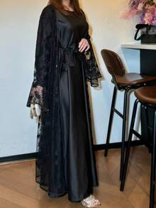 Plus Size Lace Abaya Set, Includes Slip Dress, 2 Pieces Set, Elegant & Dignified Abaya With Sequin Lace Black Fall - Black - View 11