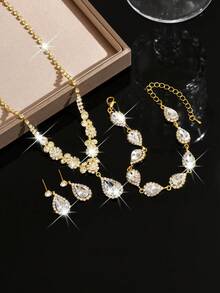 Rose Gold/Gold Jewelry Set, Zirconia Necklace & Earrings - 501796 Gold Set - HB - View 3