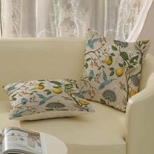2 Peças Conjunto de Fronha e Caminho de Mesa em Estilo Chinês Azul e Verde, 2 Peças Capas Decorativas de Almofada Floral Vintage, Fronha Floral Boêmia Sazonal para Uso Externo, Capas de Almofada de Sofá de Linho - Multicolorido - Visão 7