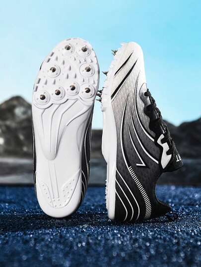 26 Men's Athletic Sports Shoes, Men's Track And Field Shoes, Fashionable Black And White Low-Top Lace-Up Spiked Shoes, Strong Grip On Field, Removable Spikes, Suitable For Competition And Sports, Explosive Power, Stable Speed Feeling, Unisex Spiked Shoes Suitable For Sprint, Middle/Long Distance Running, Triple Jump And More