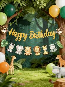 一套丛林动物主题生日快乐横幅，丛林动物狩猎主题生日派对横幅，一周岁生日派对三角旗，野性派对背景装饰，男孩女孩生日派对用品，婴儿派对悬挂装饰，新生儿派对墙面装饰，一周岁生日派对横幅，婴儿派对装饰，婴儿房装饰，生日礼物，丛林派对装饰，生日礼物，性别揭晓派对装饰，派对礼品 - 叢林動物 - 查看 7