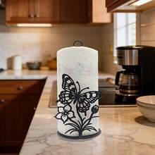 1pc Metal Butterfly & Floral Paper Towel Holder, Suitable For Kitchen, Home Office, Dining Table, Bathroom, Farmhouse Style, No Installation Required Paper Roll Rack - Black - View 4