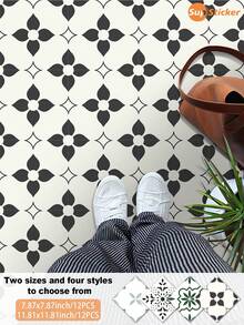 SUPSTICKER 12PCS Moroccan Tile Look Floor Stickers, Peel And Stick Waterproof Removable PVC Decals For Kitchen, Laundry Room, Entryway, 4 Styles - Multicolor - View 2