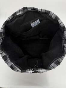 Mochila casual de nailon de gran capacidad y estilo de cuadros, con múltiples bolsillos, impermeable y plegable, con cordón y parche con letra, bolsa de viaje de verano - Blanco y Negro - Ver 5