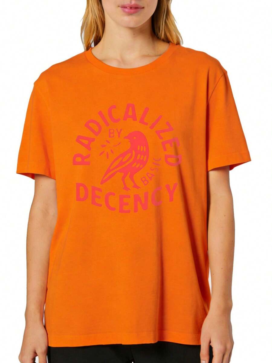 Plus Size Women's Radicalized By Basic Decency Print T Shirt Relaxed Fit Crew Neck Short Sleeve Top, Soft Round Neck Short Sleeve Shirt, Suitable For Womoms, Daily Casual Wear And Birthday Gif - 橘色 - 查看 1