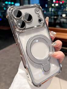 Luxury Plating Bracket Shockproof Phone Case Compatible With IPhone 17 Pro Max 17 Pro 17 16 Pro Max 16 Pro 16 15 Pro Max 15 Pro Max 15 Pro 15 Pro Max 14 Pro 13 Pro Max Camera Protection Transparent Electroplated Back Cover - Silver - View 2