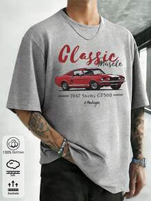Ribbed Cotton Men's T-Shirt, Classic Car Print, College Style Spring And Summer New Sports, Fashion Soft Breathable Men's Short Sleeve Tops - Grey - View 1
