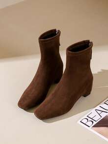 2026 New Square Toe Zipper Closure Chunky Heel Ankle Boots, Slim Fit Elevated Women Booties - Brown - View 2
