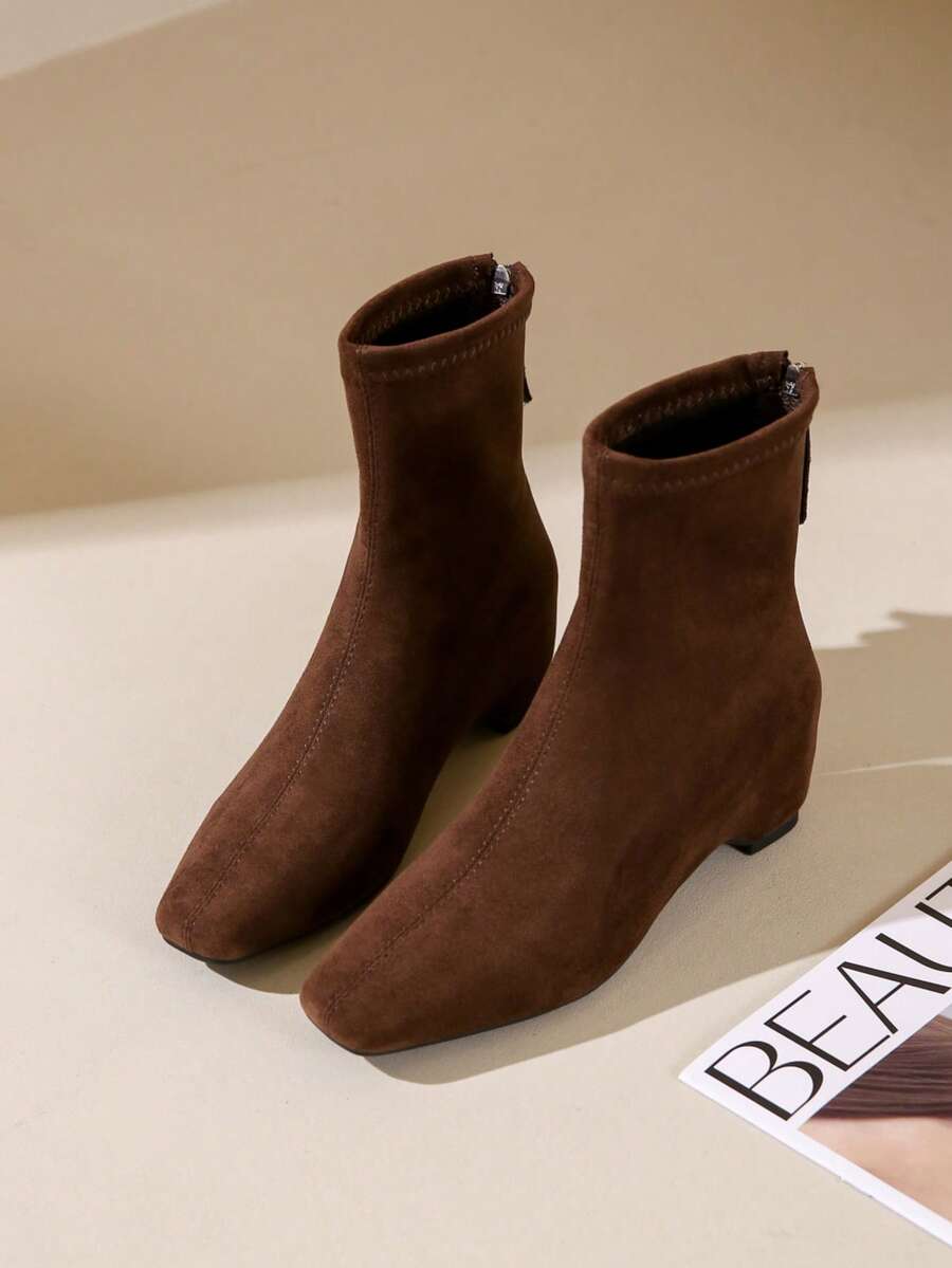 2026 New Square Toe Zipper Closure Chunky Heel Ankle Boots, Slim Fit Elevated Women Booties
