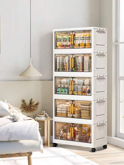 3/4/5 Tier White Foldable Storage Cabinet With Lid And Stackable Wheels, Ideal For Storing Clothes, Bedding, Snacks, Toys, Durable Organizer Suitable For Bedroom, Playroom, Kitchen, Dining Room, Living Room, Slim Slide-Out Cabinet, Christmas Gift, Storage Box, Under Bed