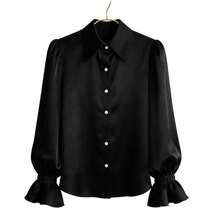 Women's Satin Silk Blouses Dressy Lantern Long Sleeve Shirts Button Down Work Business Casual Tops Vintage Loose Fit Puff Sleeve Blouse Dressy Tops - 黑色 - 查看 5
